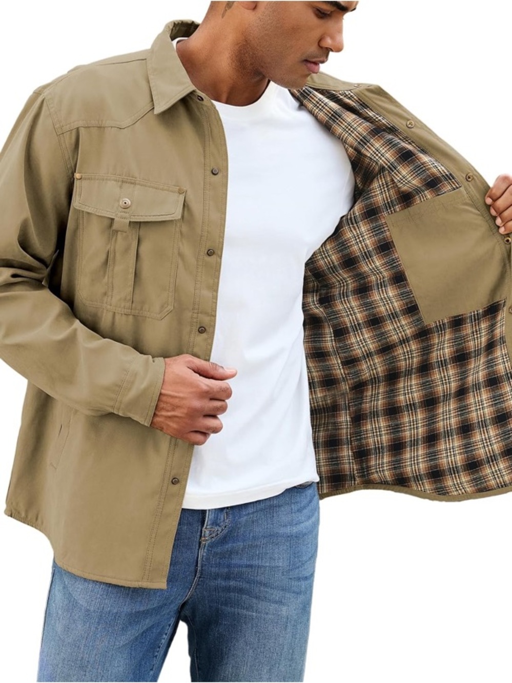 Mens Flannel Linend Shirts Jacket Lightweight Plaid Jackets Snap Button M-Khaki